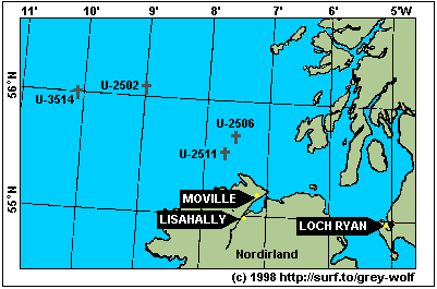 Die Versenkungsgebiete waehrend der 'Operation Deadlight' nordwestlich von Nordirland